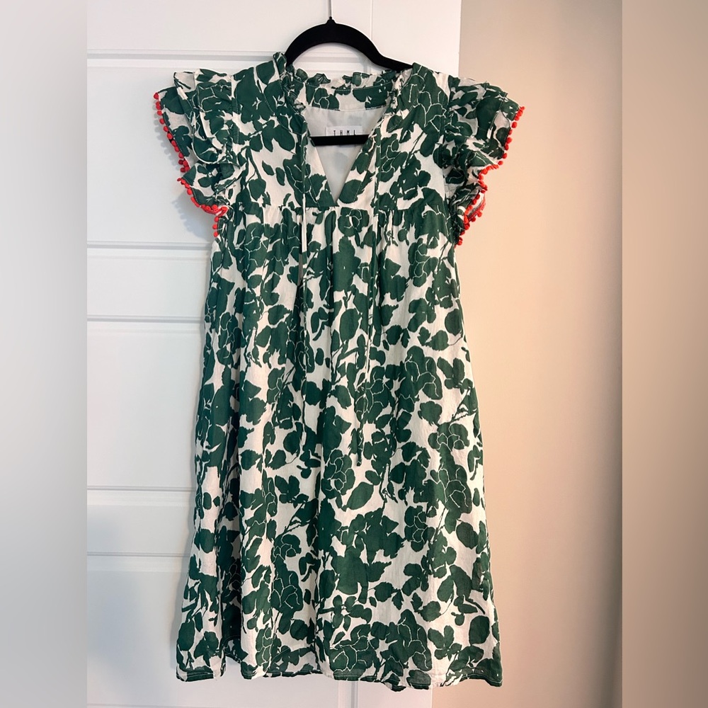 THML Green and White Floral Mini Dress with Red Trim